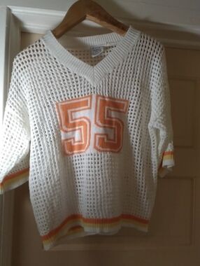 White Knit V-Neck Pullover with Orange '55' Graphic